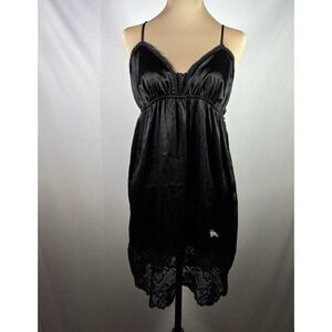 Denver Broncos Satin Babydoll Slip Dress Womens Medium Sleep Gown Black Lace NFL